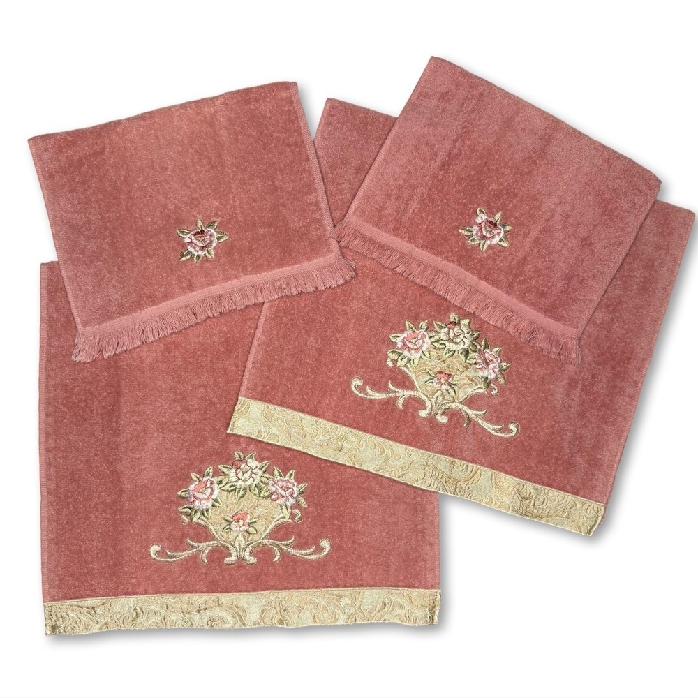 Vintage Avanti Rose Embroidered Towel Set Cotton Hand Towels & Washcloths USA